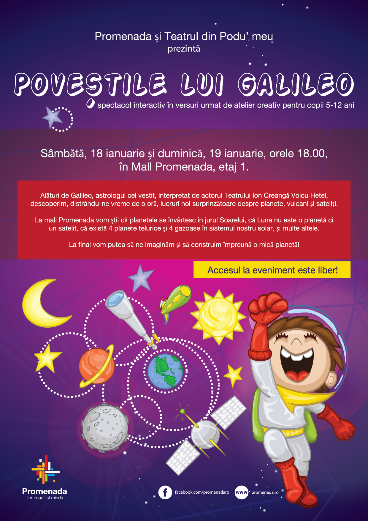 Promenada si Teatrul din Podu` meu prezinta POVESTILE LUI GALILEO spectacol interactiv in versuri urmat de atelier creativ pentru copii 5-12 ani